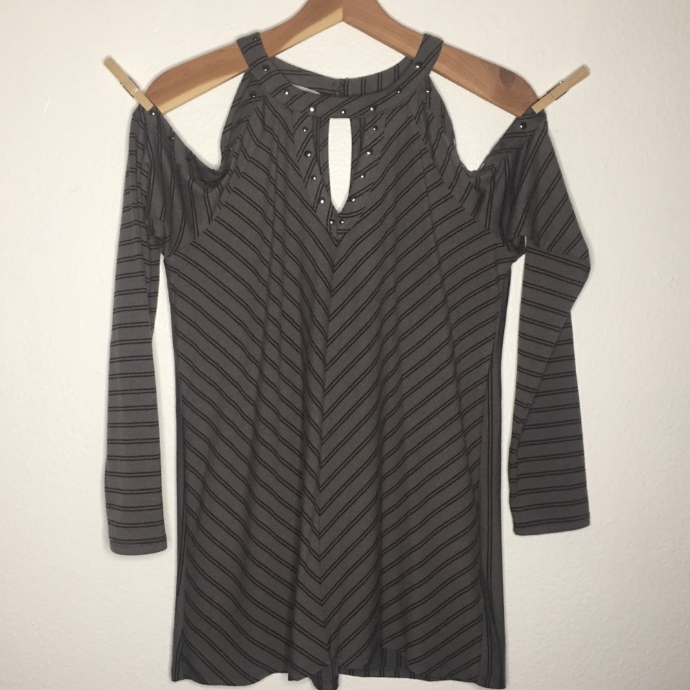 Maurices Grey and Black Stripe Cold Shoulder Longsleeve